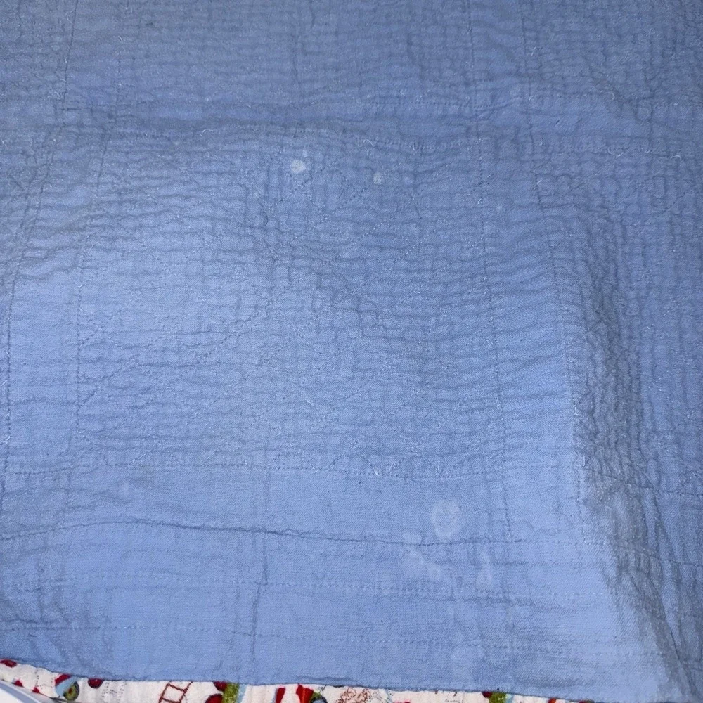 Vtg Baby Quilt Of Trains Print bordered by blue sashing and red cornerstones